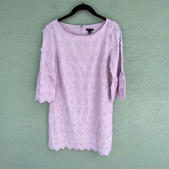 Ann Taylor Daisy Floral Applique Embroidered Shift Lilac Lavender 3/4 Sleeve - Picture 2 of 13